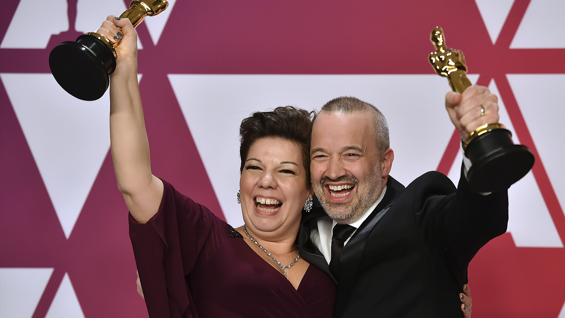 John Warhurst celebrates winning his Oscar for Bohemian Rhapsody