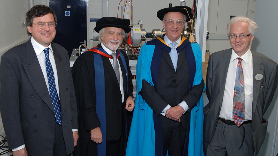 Professor Rob Edgecock, Professor Bob Cywinski, Sir John Enderby and Professor Roger Barlow pictured at the University of Huddersfield in 2011.