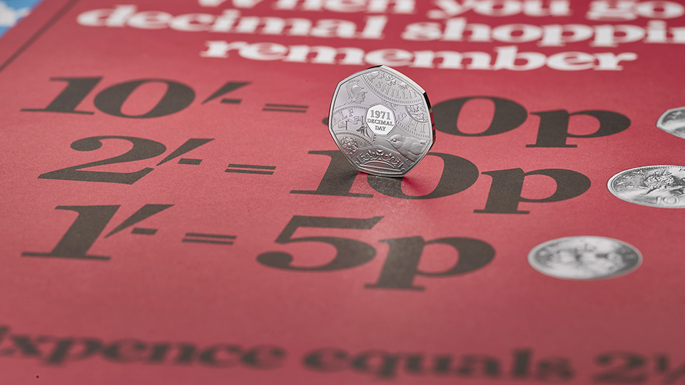A leaflet from decimalisation day with a new 50 pence coin