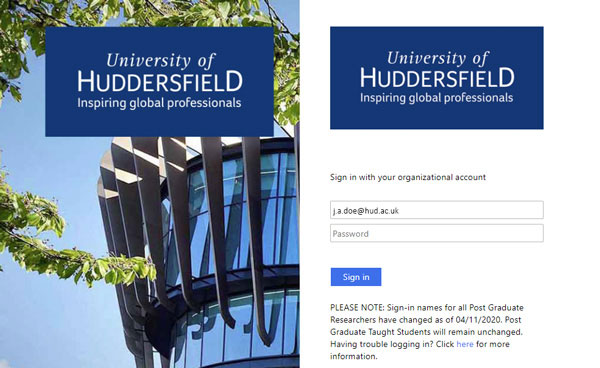 University of Huddersfield Sign in page with side of Oastler Building in background