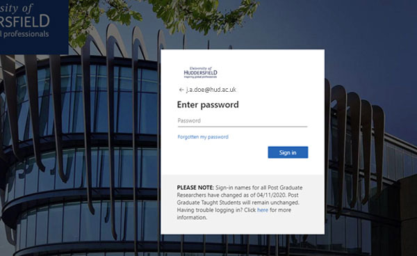 New University of Huddersfield authentication login page with Oastler Building in shadow in background