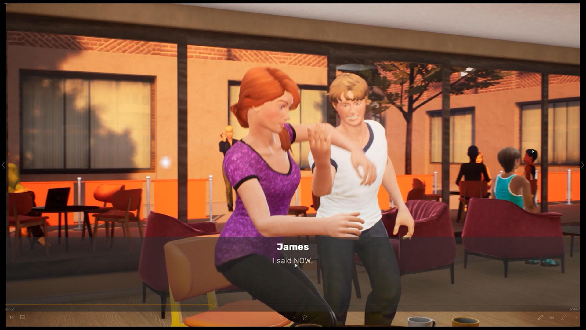 An image from a None In Three computer game with a boy speaking aggressively to a girl