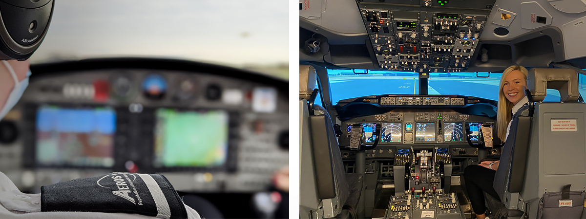 A female trainee pilot sat in an Aeros Group flight simulator