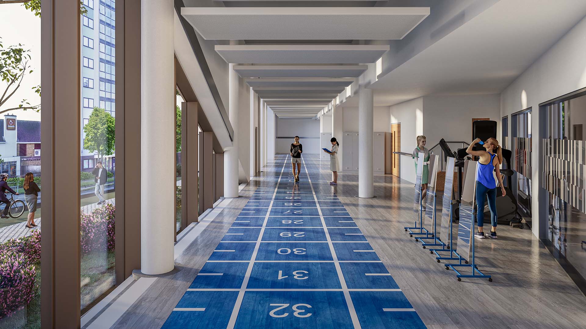 A person has their gait analysed on a test track by some windows