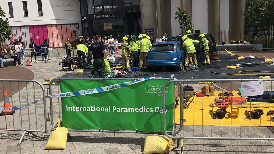A staged car crash with student paramedics