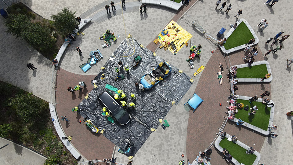 An above shot of the paramedics incident on campus
