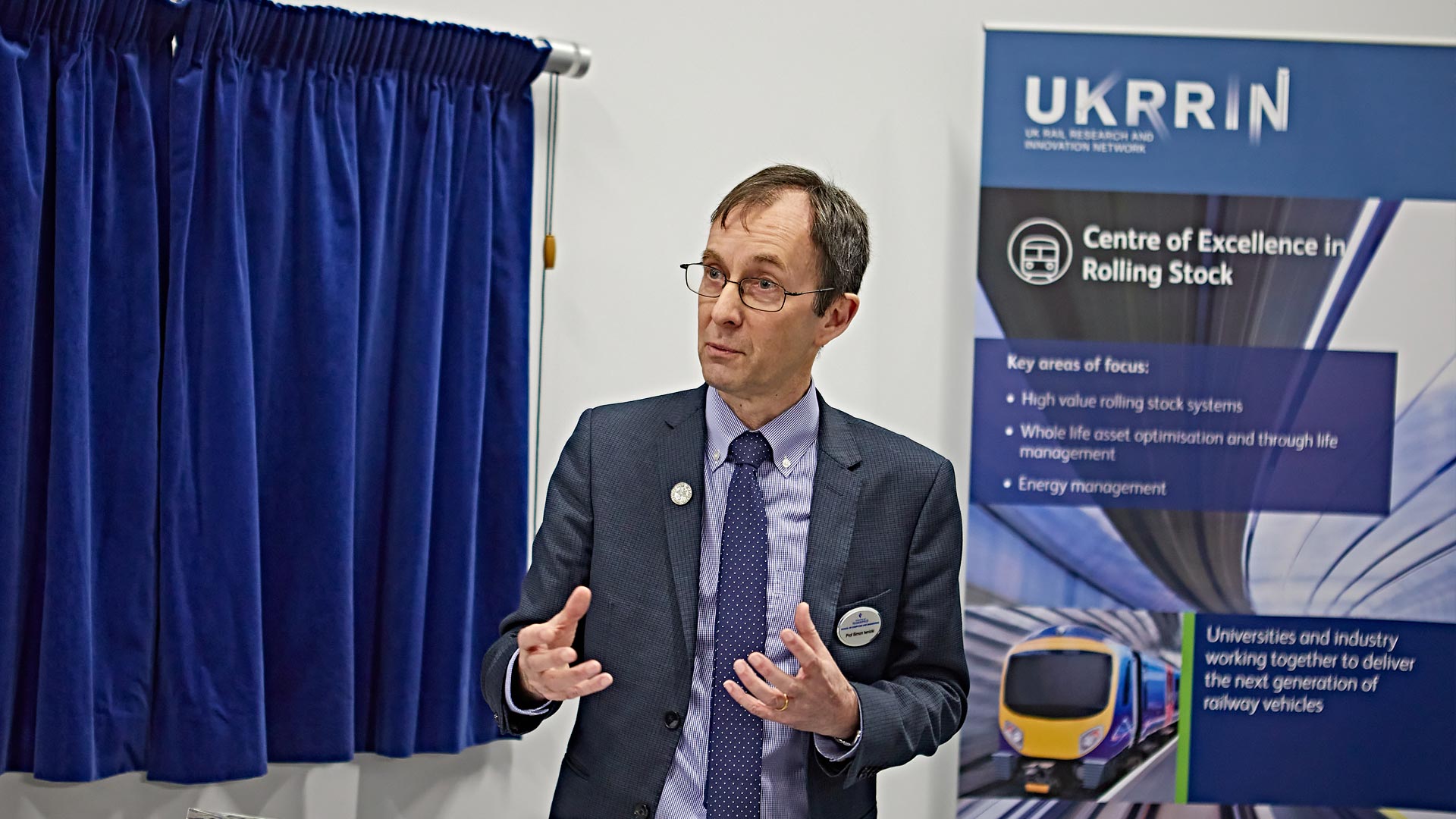 Professor Simon Iwnicki delivers his speech at the official opening of the new Centre of Excellence in Rolling Stock at the University of Huddersfield