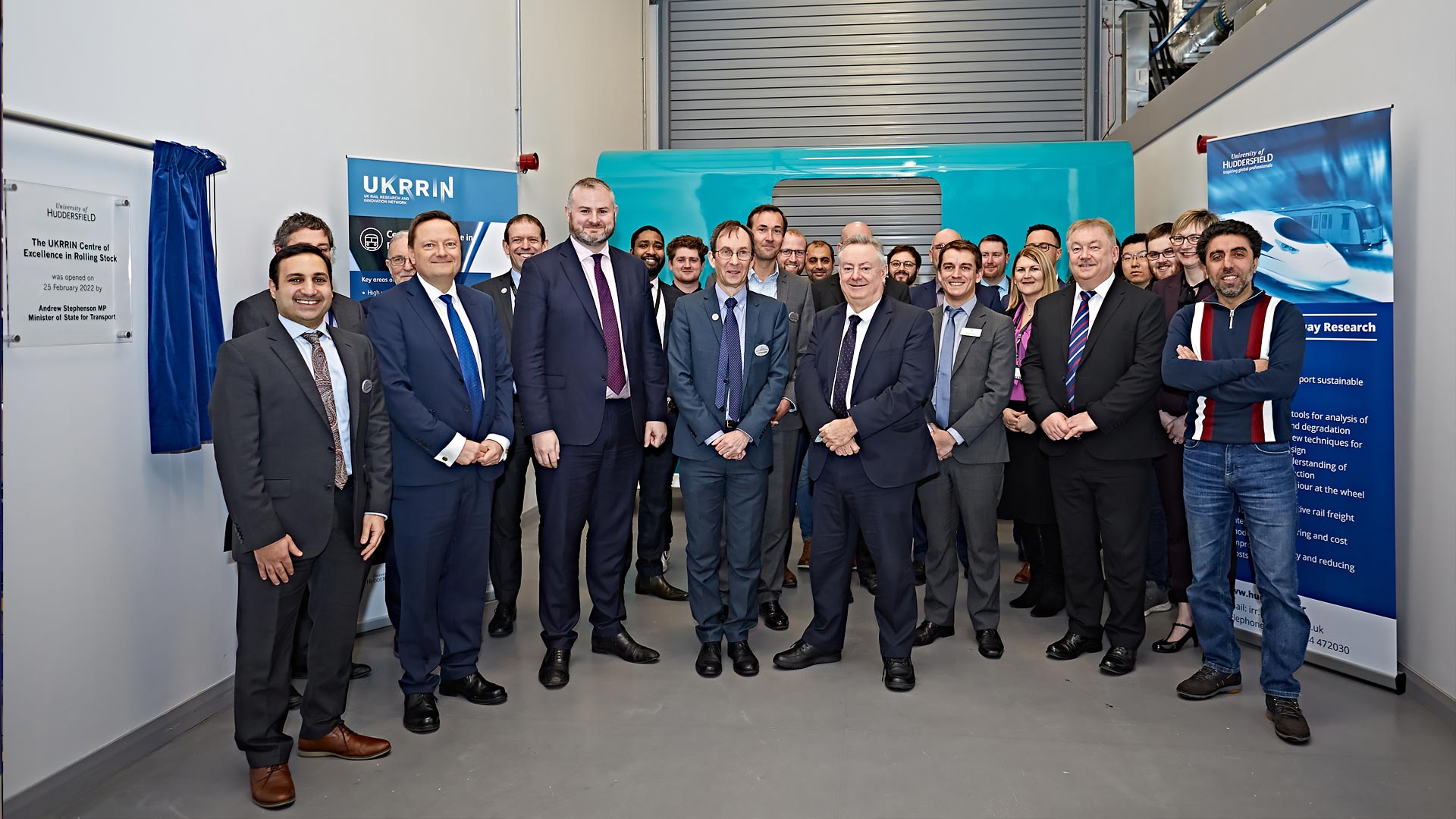 Group photo at the official opening of the Centre of Excellence in Rolling Stock at the University of Huddersfield