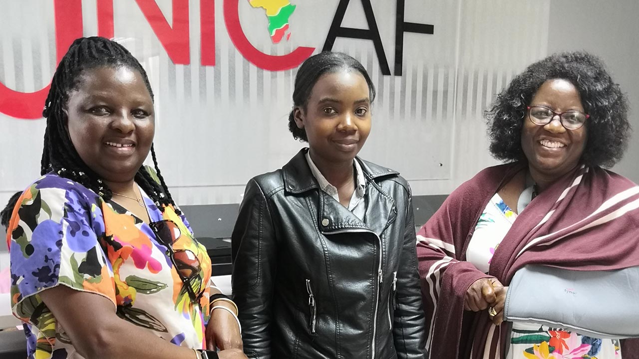 Dr Clem Rooke on the left, researcher Emily in the middle and VC Dr Christine Mushibwe on the right 