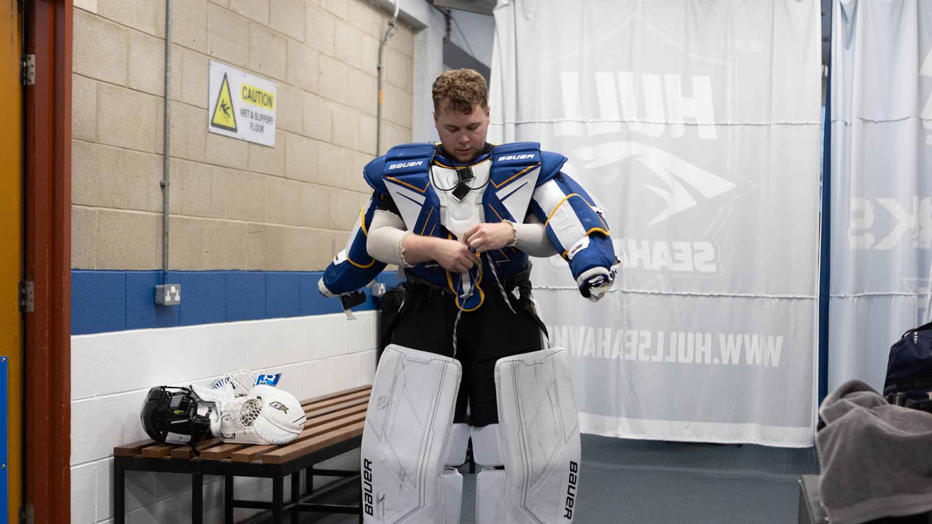 Tim Lyons in netminding ice hockey outfit