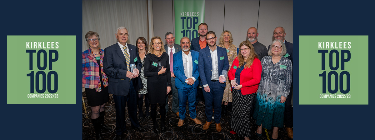Award winners and top three companies with Kirklees Top 100 Companies partners. Trophy winners - l-r Richard Brown (Spectrum Yarns), Kristen Holley (Thornton and Ross), Nathan Paul (Buy It Direct), Rachel Copley (PPG)