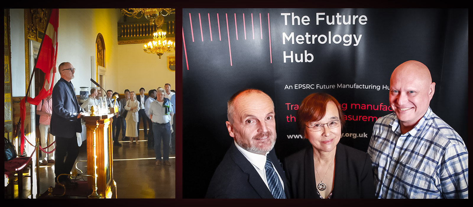 Professors Blunt, Jiang and Longstaff pictured with the logo of the Future Metrology Hub behind
