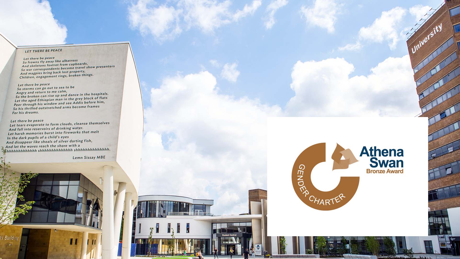 The university campus with the athena swan bronze logo overlaid