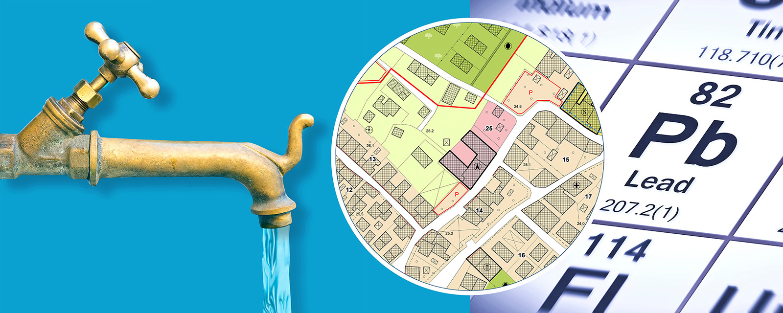 Infographic of tap with running water, street map and the element lead in the periodic table