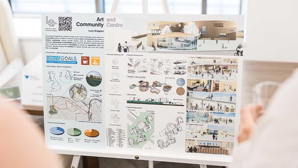 A board showing designs of an architecture project