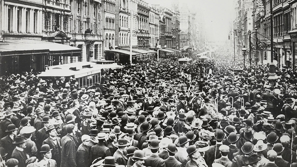 A brass band play to a huge crowd in Melbourne, Australia