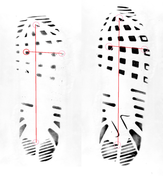 A comparison of two ways of scanning the same shoeprint, with differences marked and shown