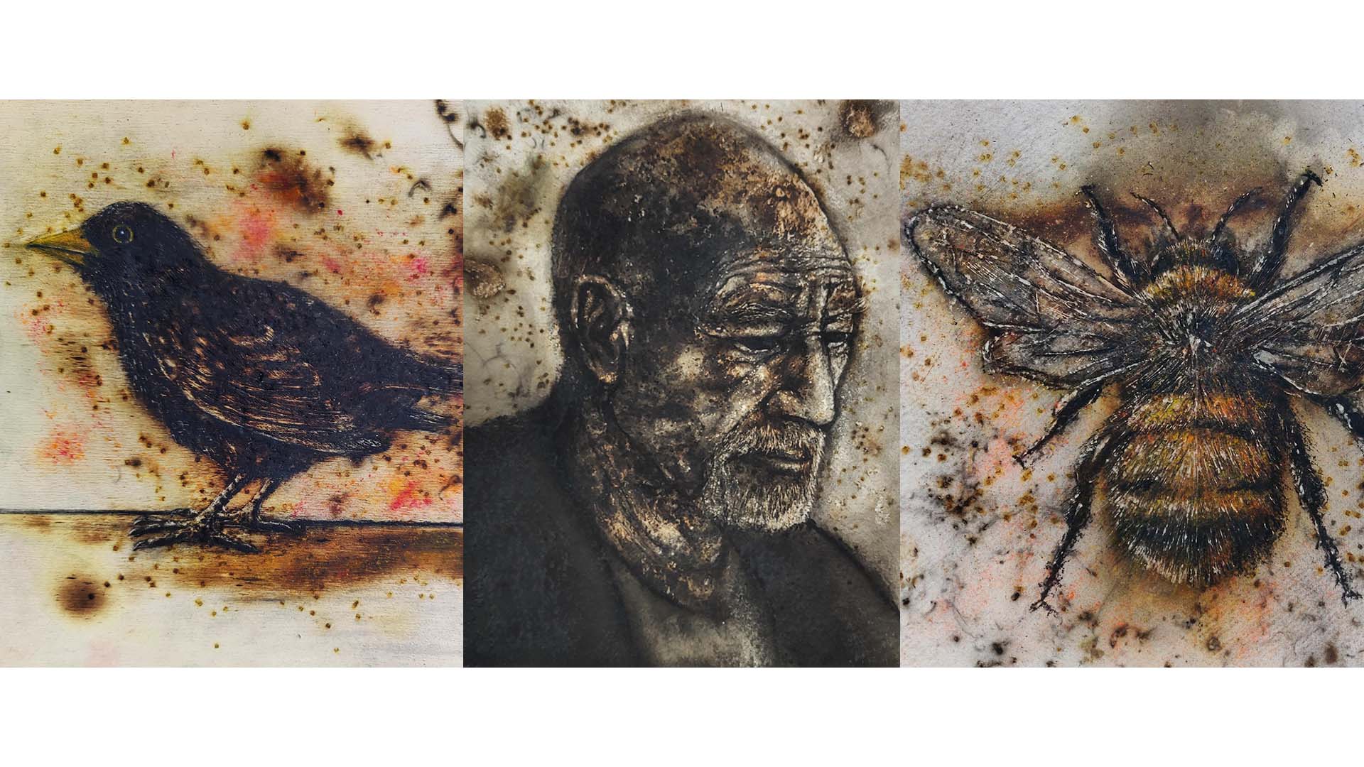 Three paintings of a bird, a bee and Patrick Stewart