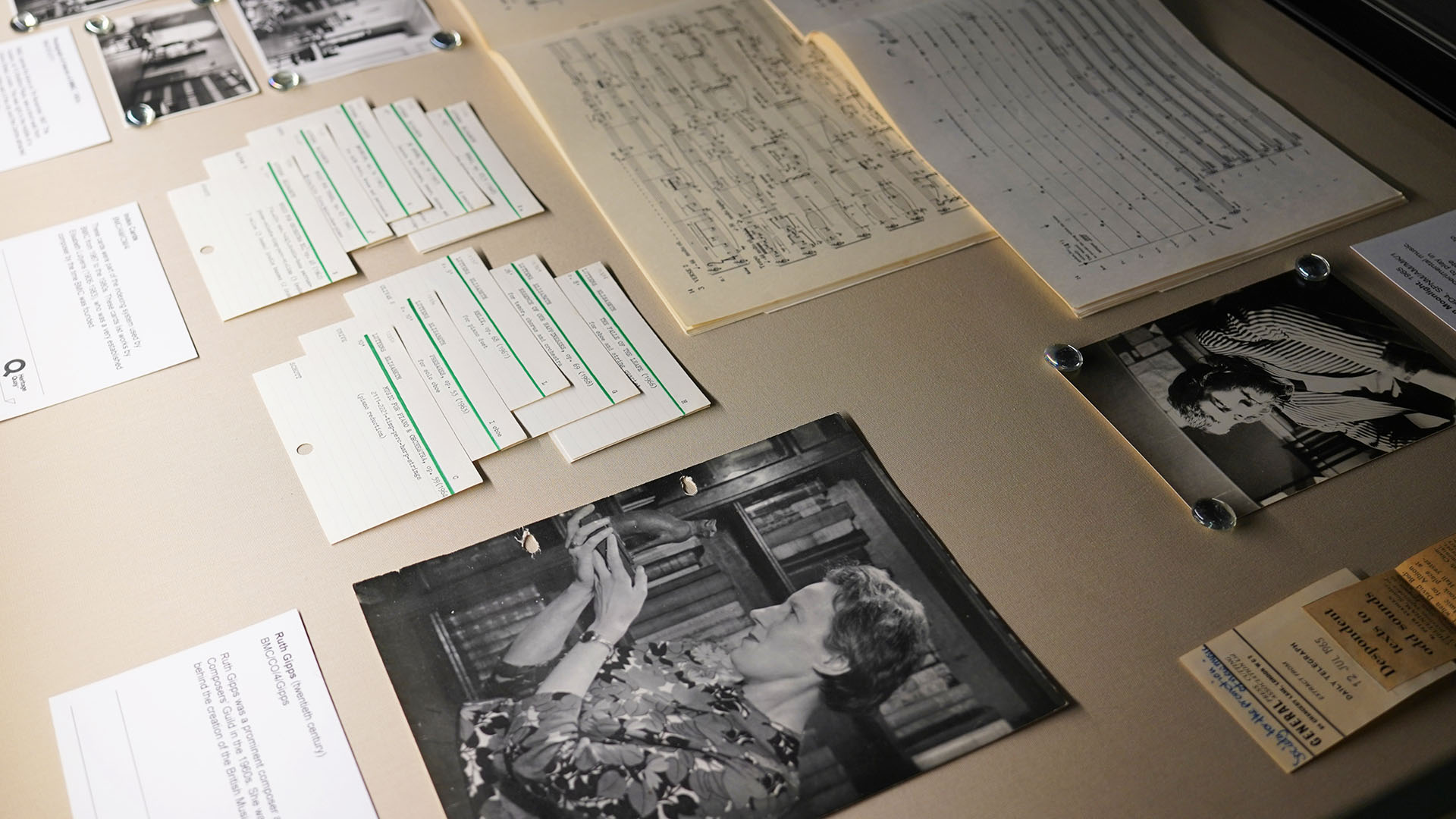 Music artefacts in a glass topped case