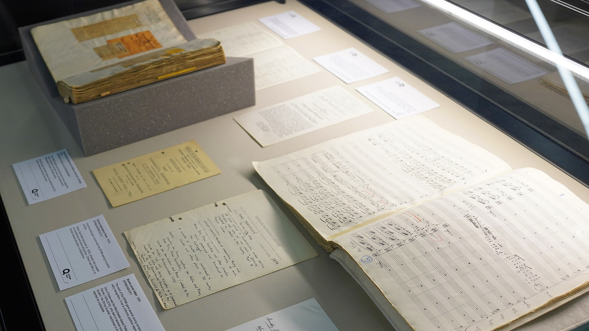 Music artefacts in a glass topped case