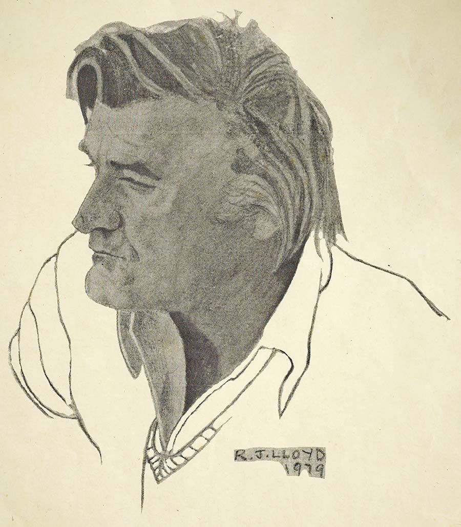 Pencil sketch of Ted Hughes face and shoulders by R.J. Lloyd