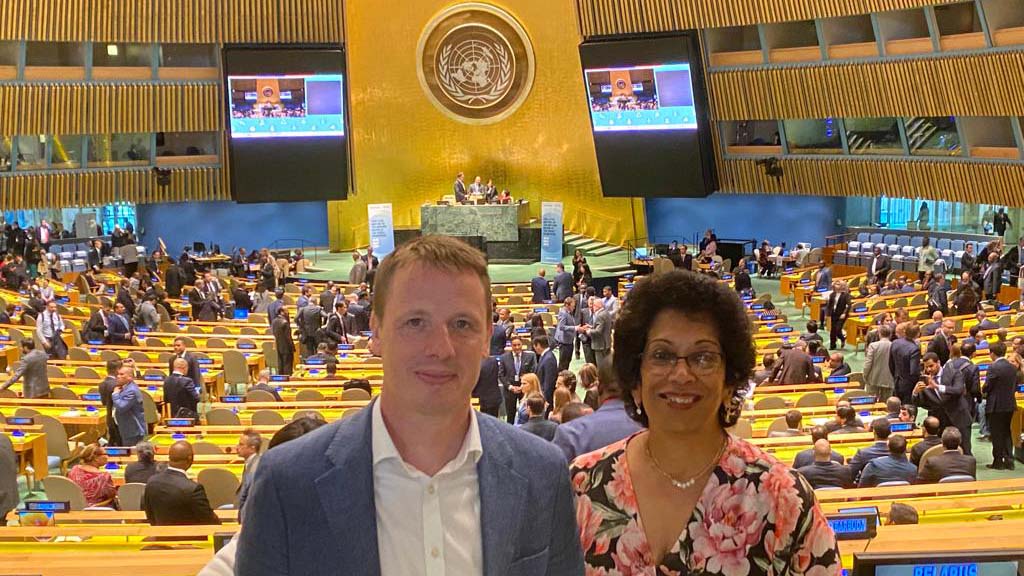 Richard Haigh and Dilanthi Amaratunga inside the United Nations assembly room