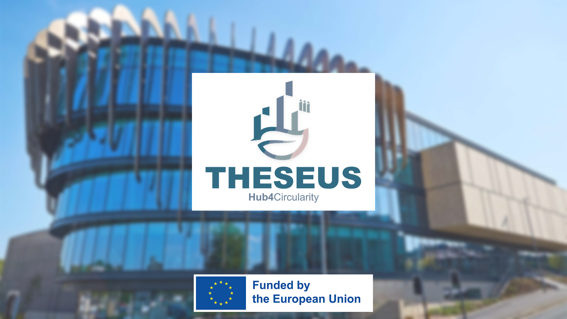 Logo for Theseus and European Union over University of Huddersfield building