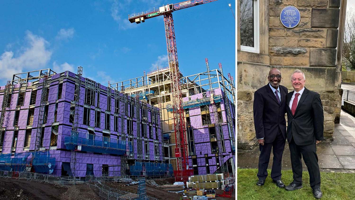 Robert Steele and Bob Cryan and the blue plaque for Daphne Steele plus the Daphne Steele Building under construction