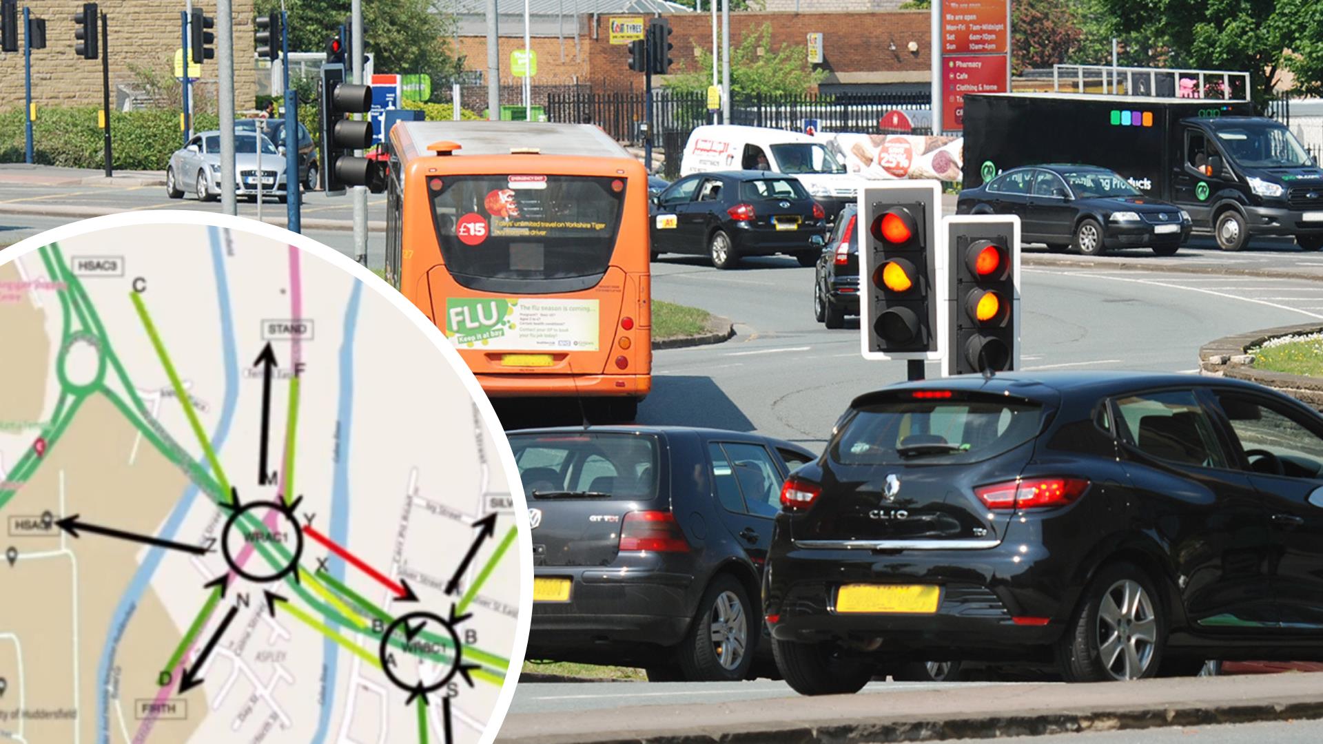 Busy traffic in Huddersfield with inset of the AI traffic management system