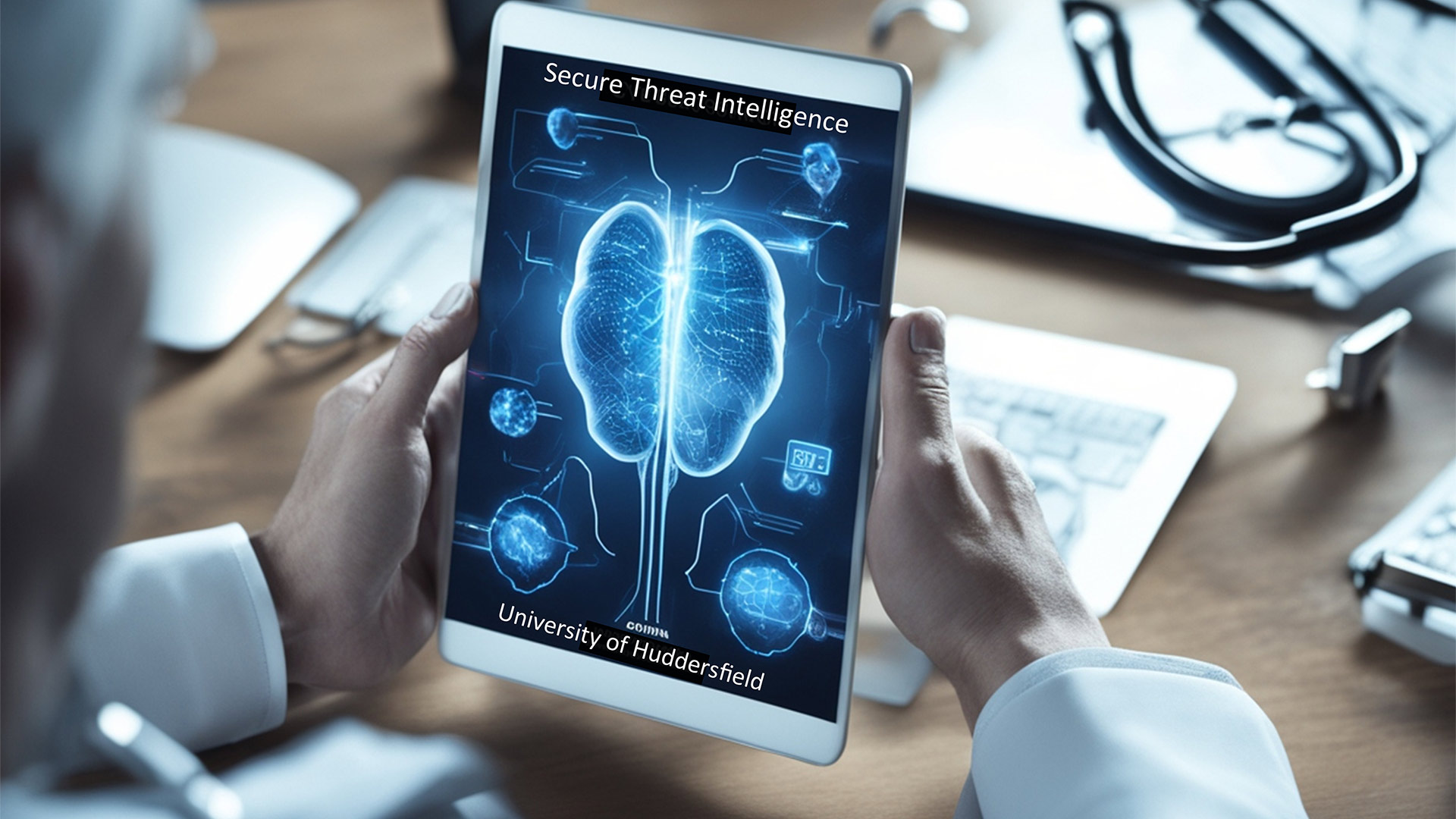 A medical professional sat at a desk holding a device showing a chest x-ray