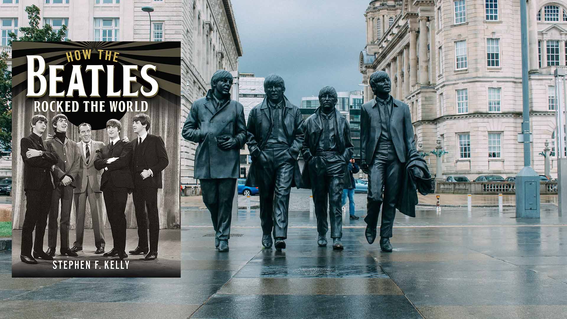 A statue of the Beatles in Liverpool with a book cover to the side