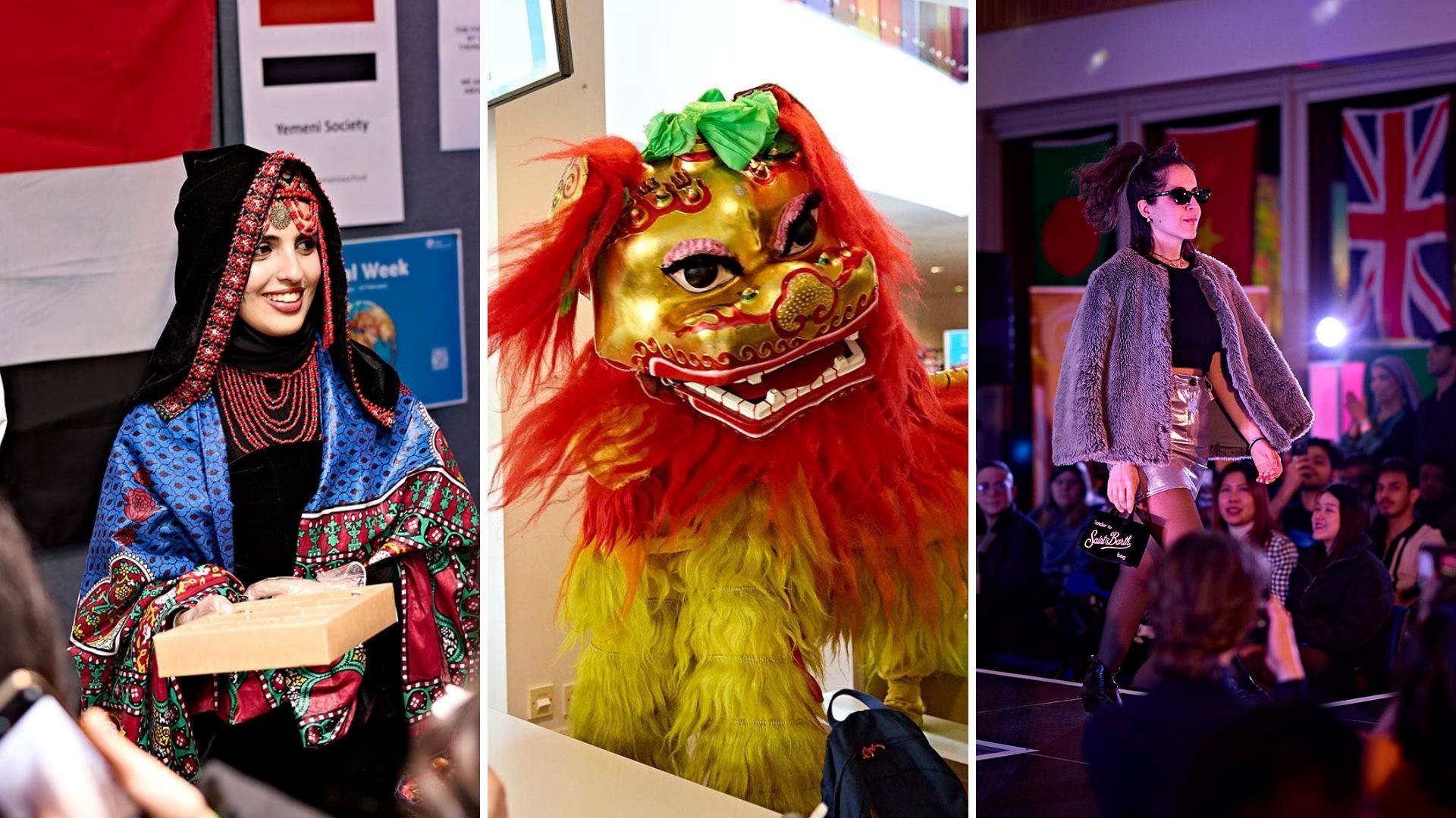 A collage of three pictures from Global Week - a person in traditional dress, a Chinese lion costume, and a woman walking the catwalk in a fashion show