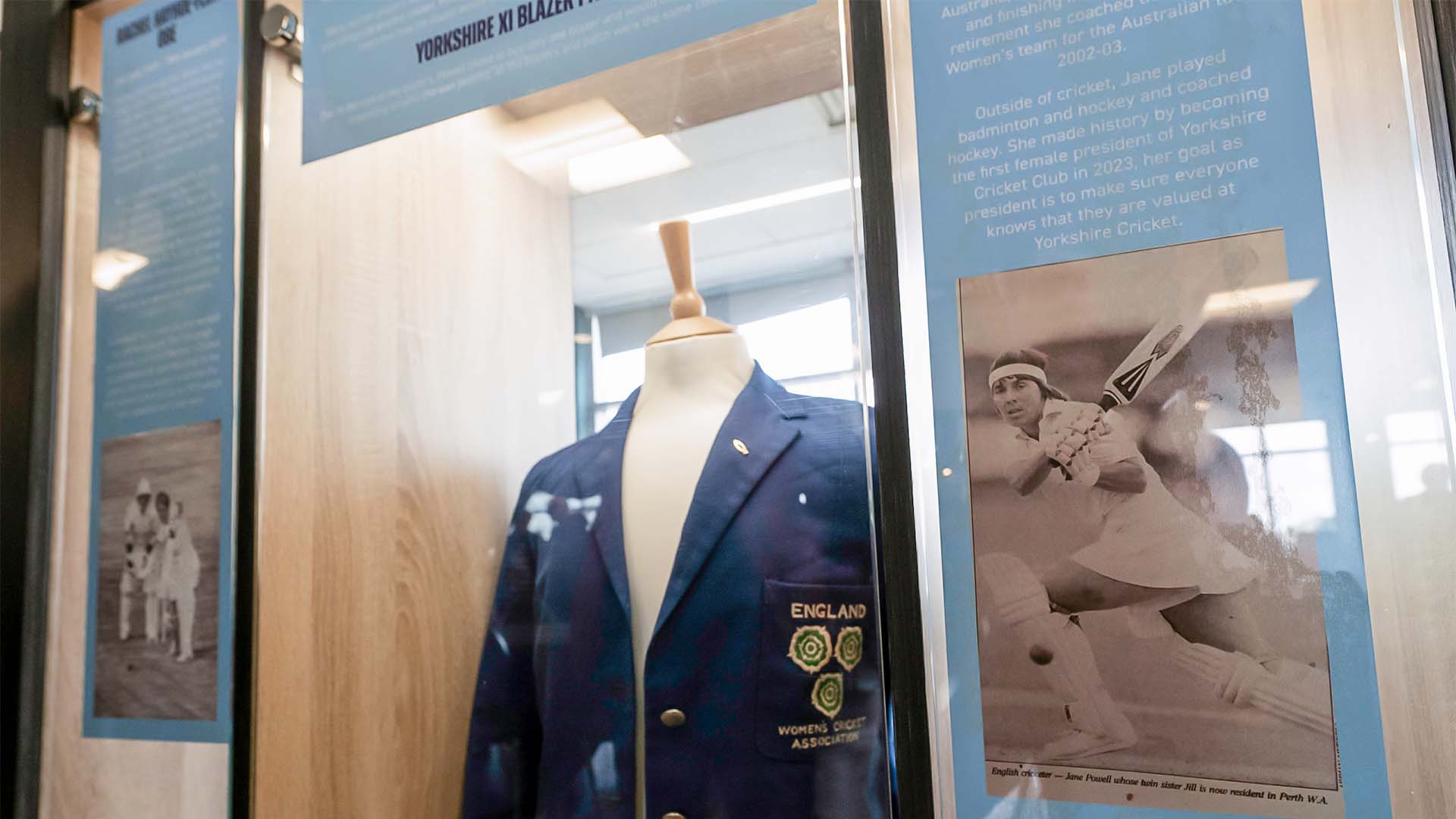 Jane Powell's England cricket blazer on display behind glass