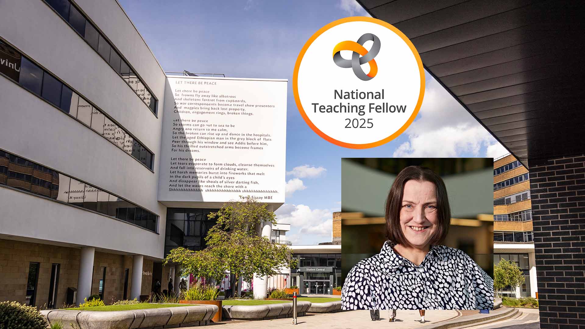 Sue Folley and her NTF award logo on the university campus background