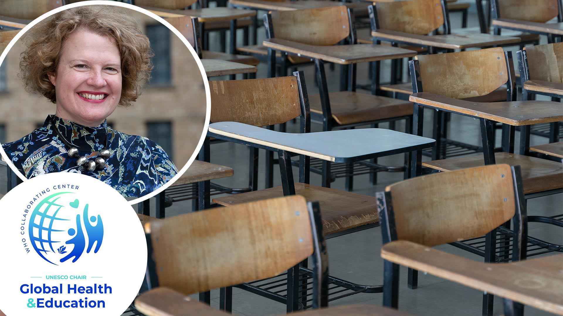 An empty classroom, with an inset of Dr Nicola Gray and the Global Health and Education logo