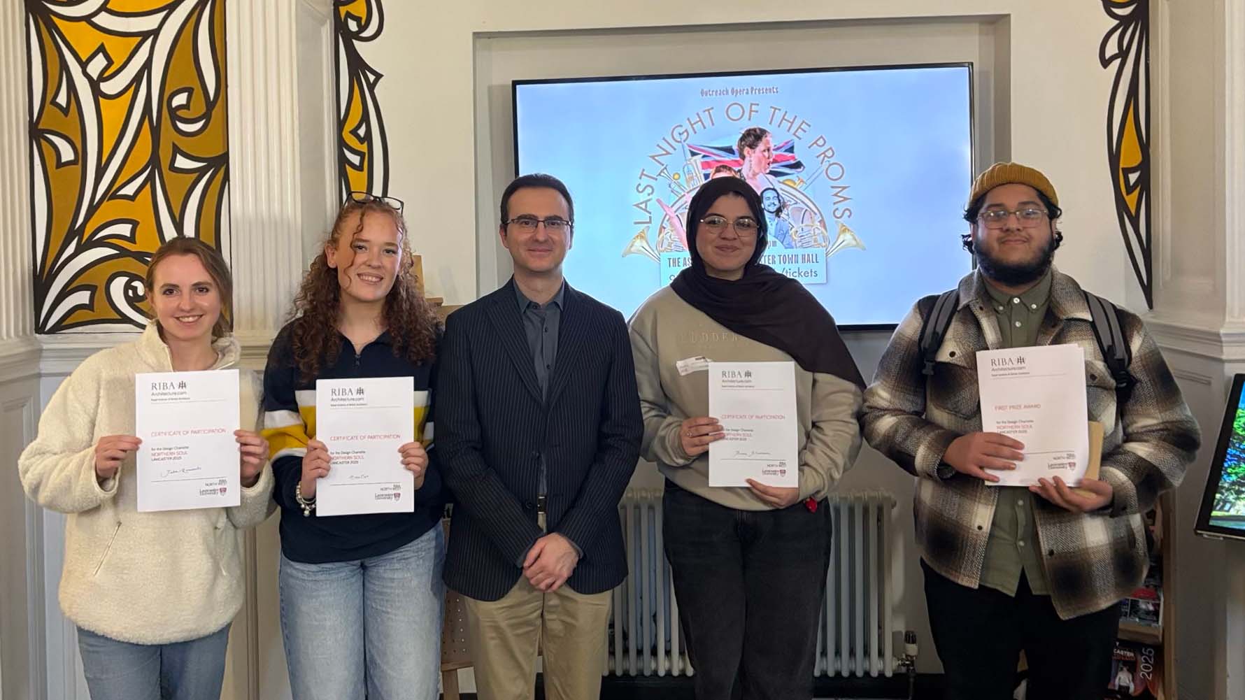 Fouyr architecture students and their teacher at a RIBA competition with their certificates
