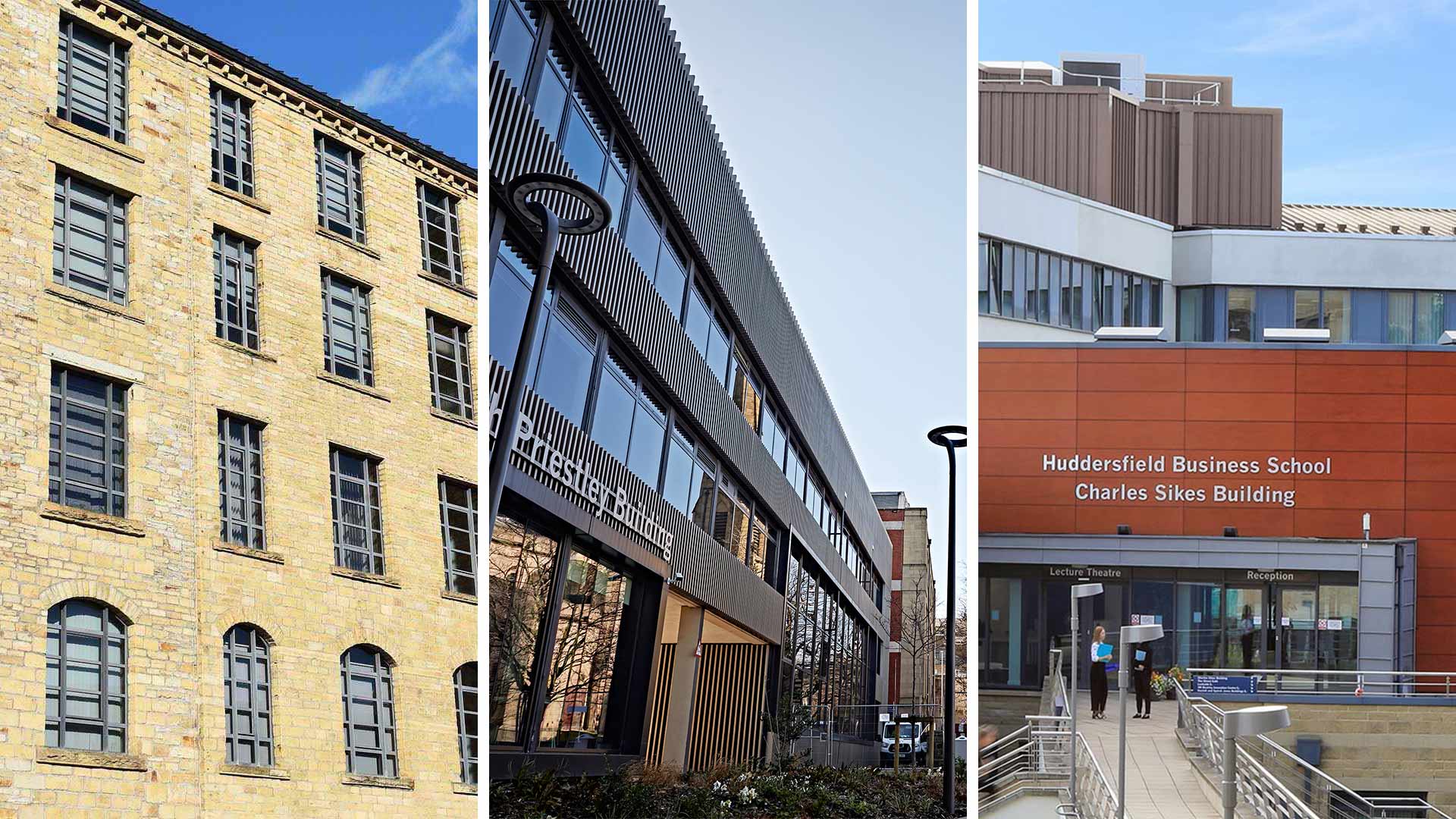 A composite of three images of three different buildings at the University of Huddersfield