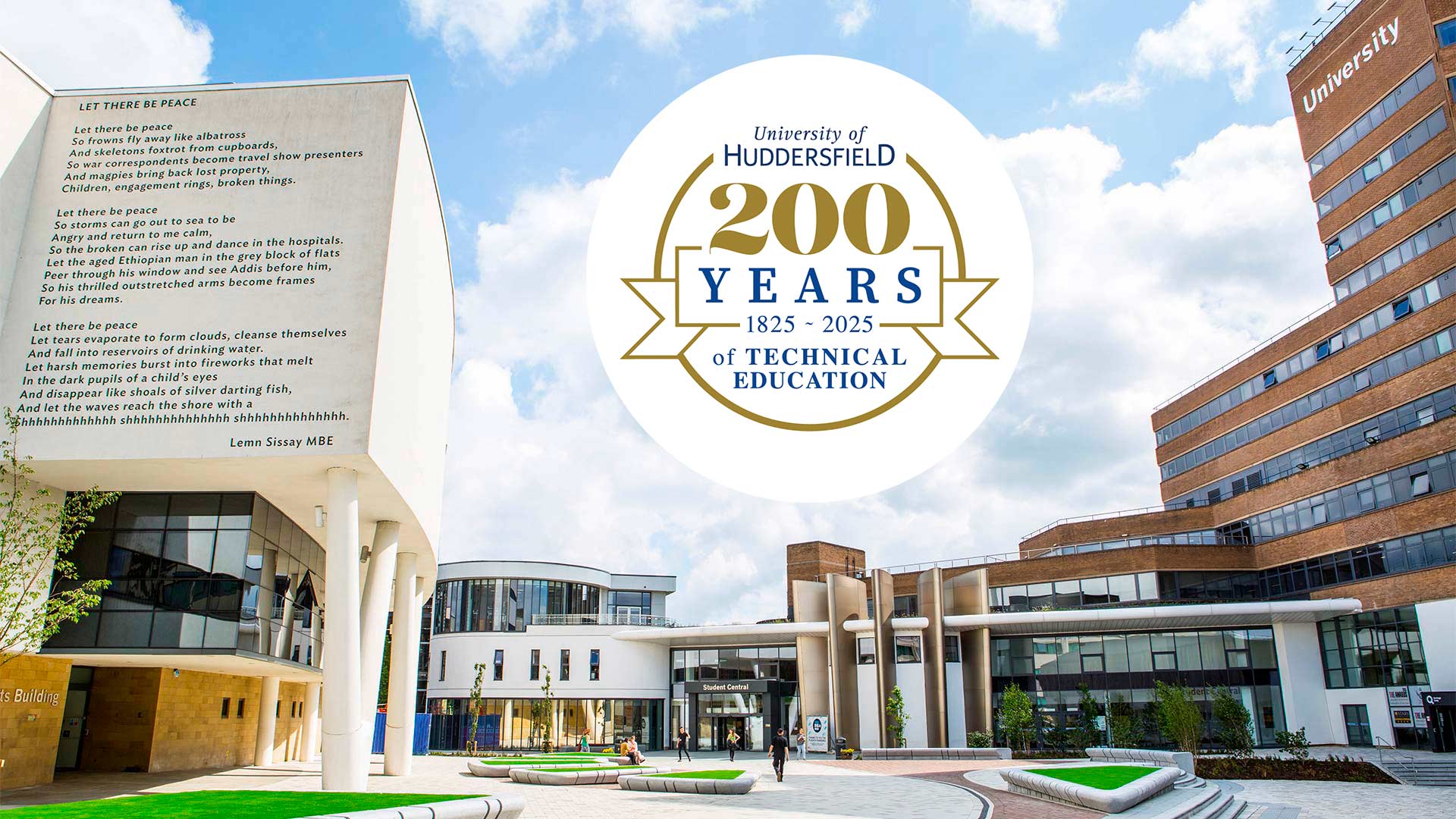 University of Huddersfield Plaza with logo of 200 Years of Technical Education