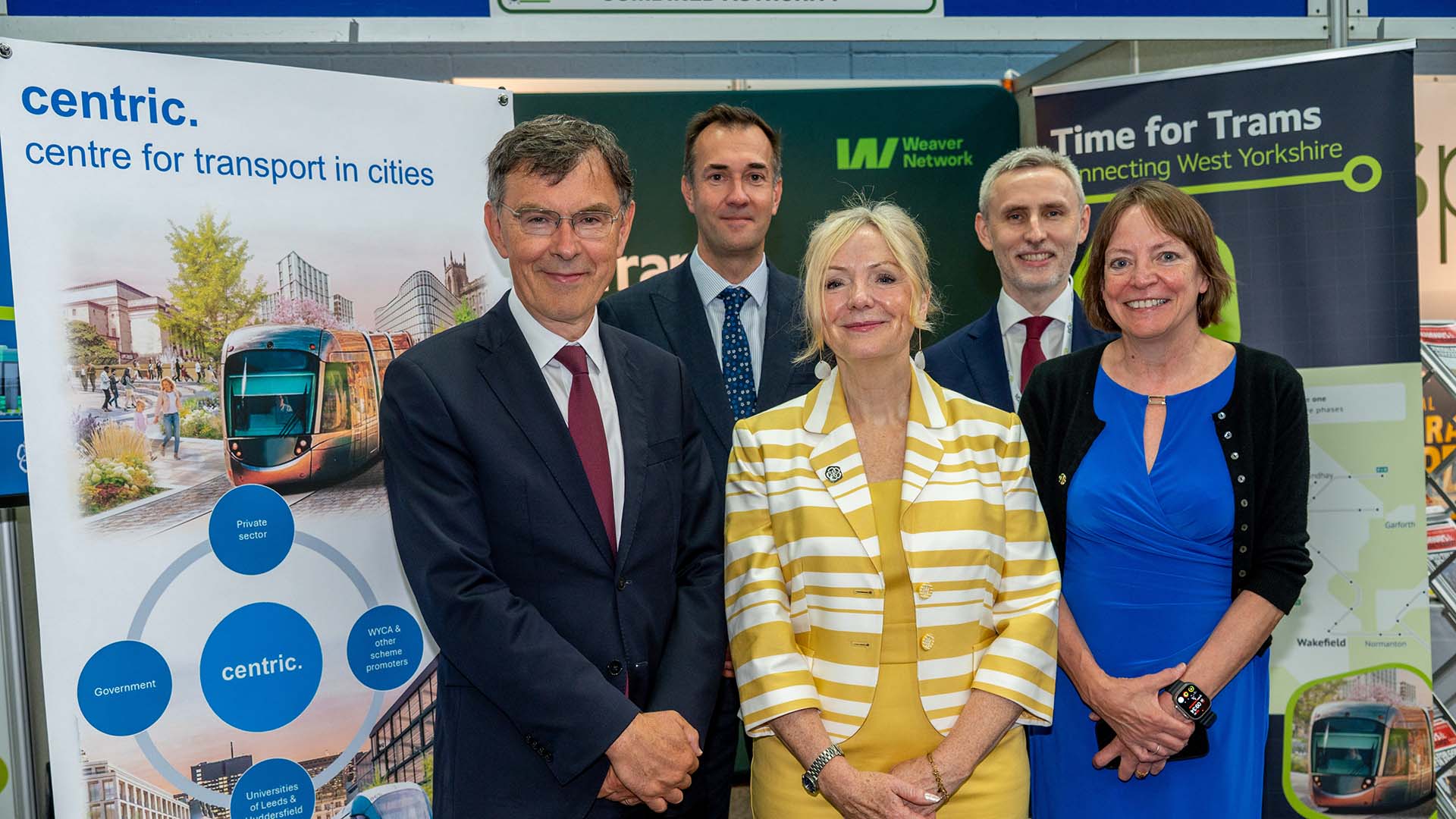 Professor Tim Thornton, Deputy Vice-Chancellor, University of Huddersfield; Professor Paul Allen, Director of the Institute of Railway Research at the University of Huddersfield; Mayor Tracy Brabin; Richard Batley, Professor of Transport Demand and Valuation at the Institute for Transport Studies (ITS), University of Leeds; Professor Shearer West, Vice-Chancellor and President, University of Leeds