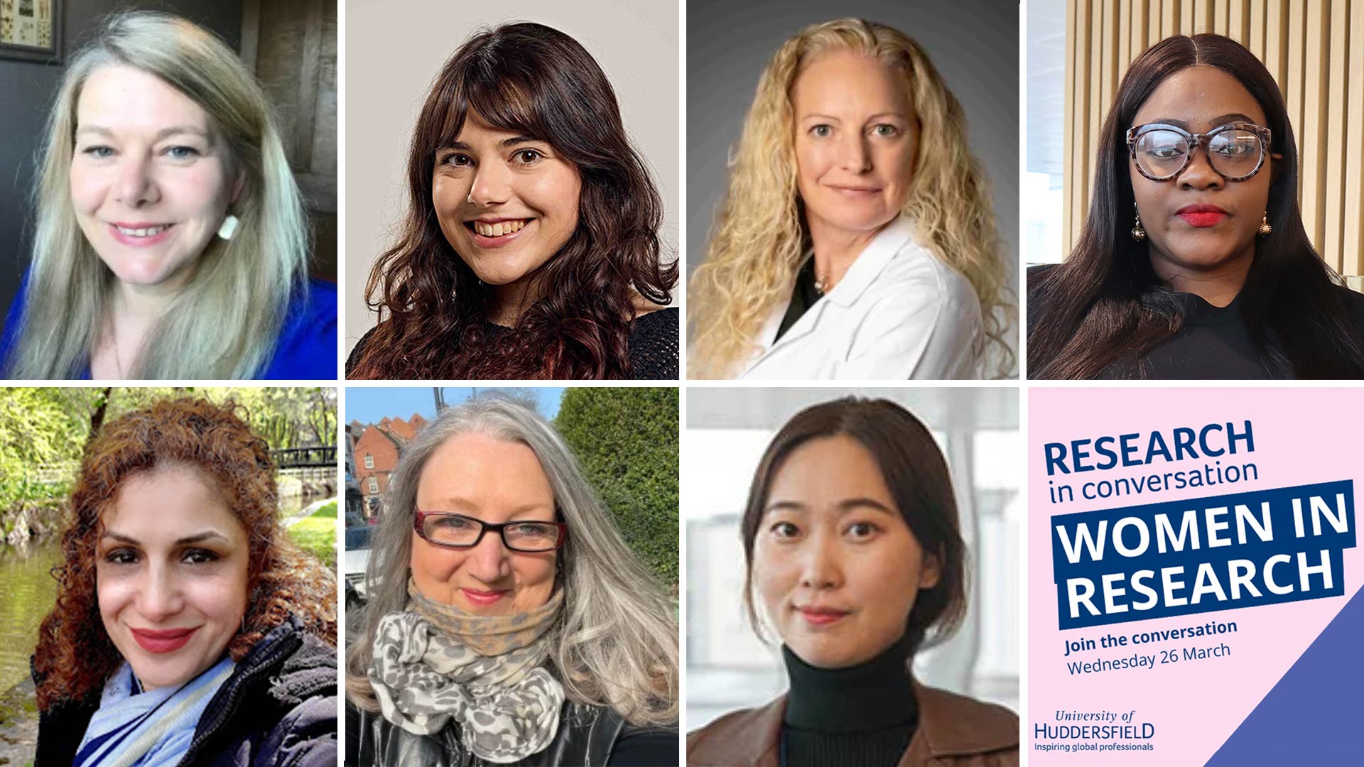 Headshots of seven women on the panel at women in research event