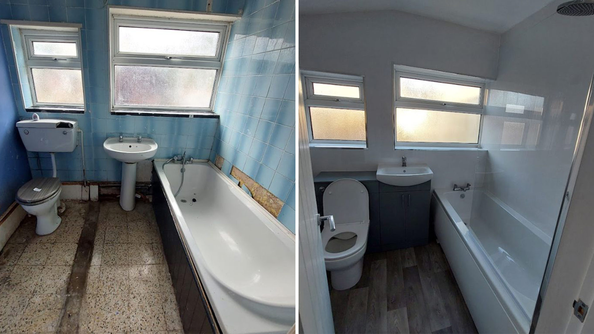 Before and after of bathroom renovation at rundown property in Grimsby