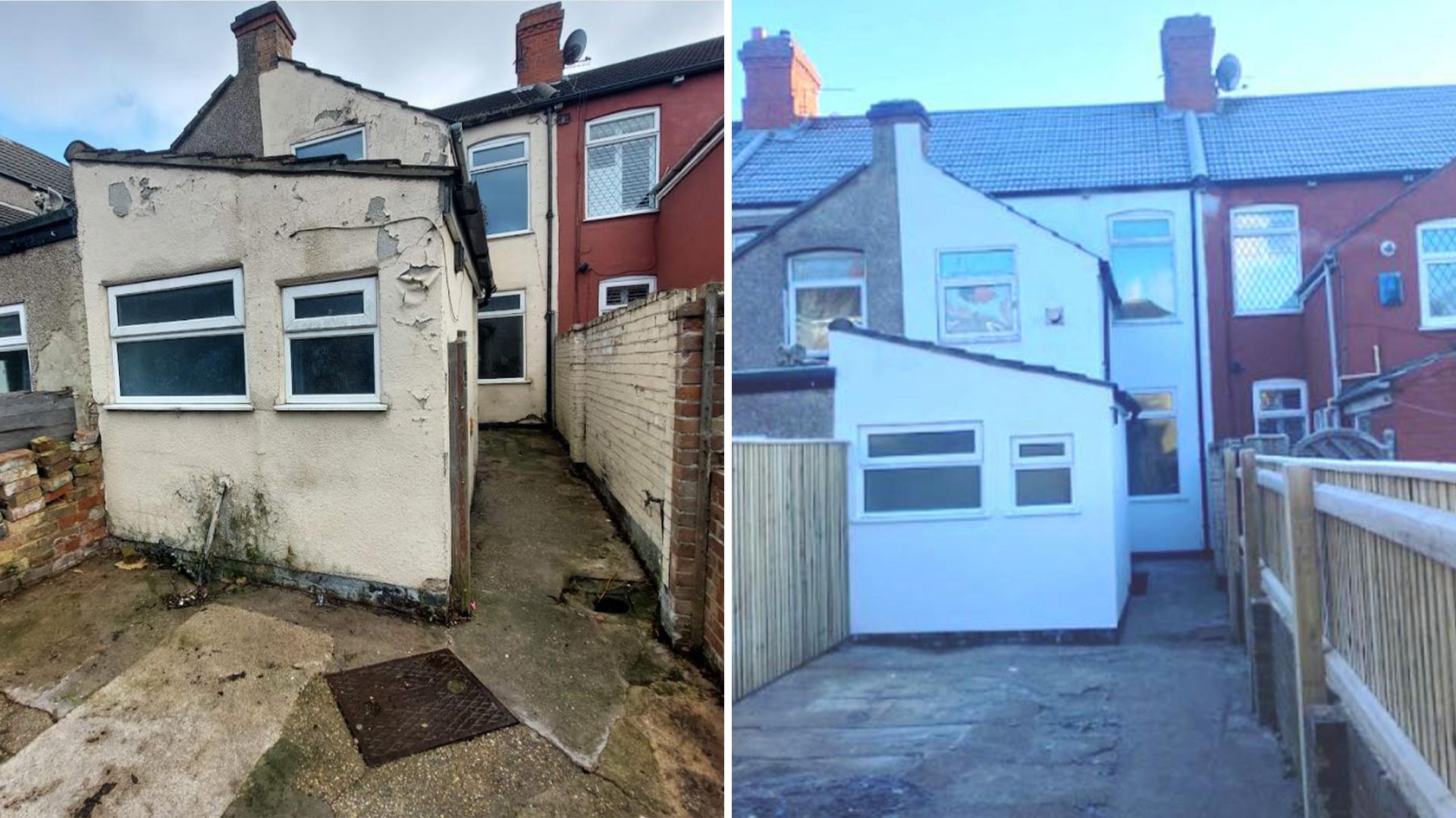 Before and after of back yard renovation at rundown property in Grimsby