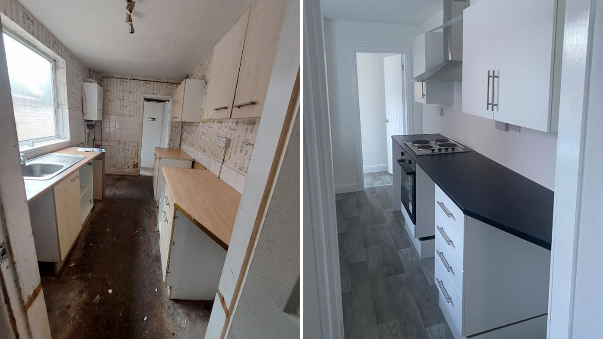 Before and after of kitchen renovation at rundown property in Grimsby