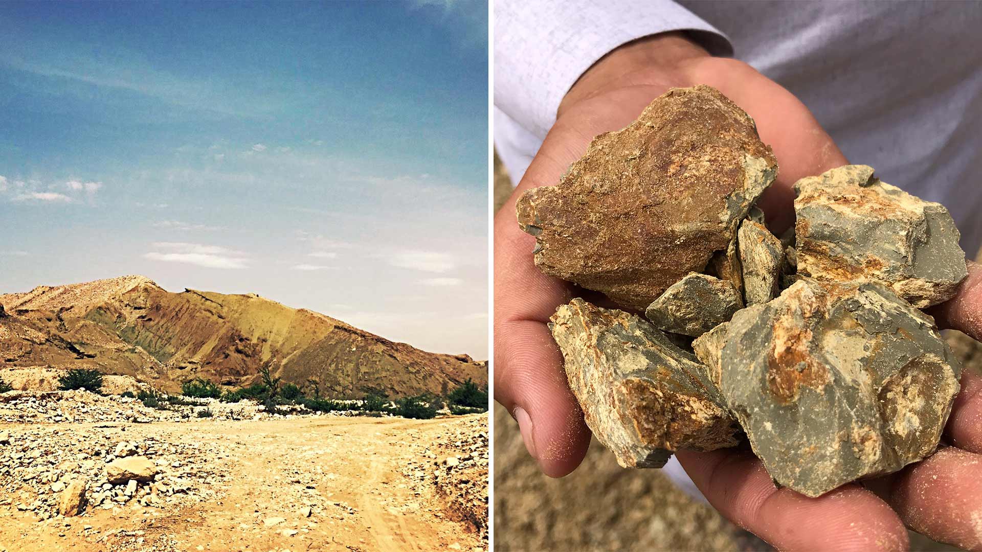 A mountain range in Pakistan and a sample of raw clay held in hands