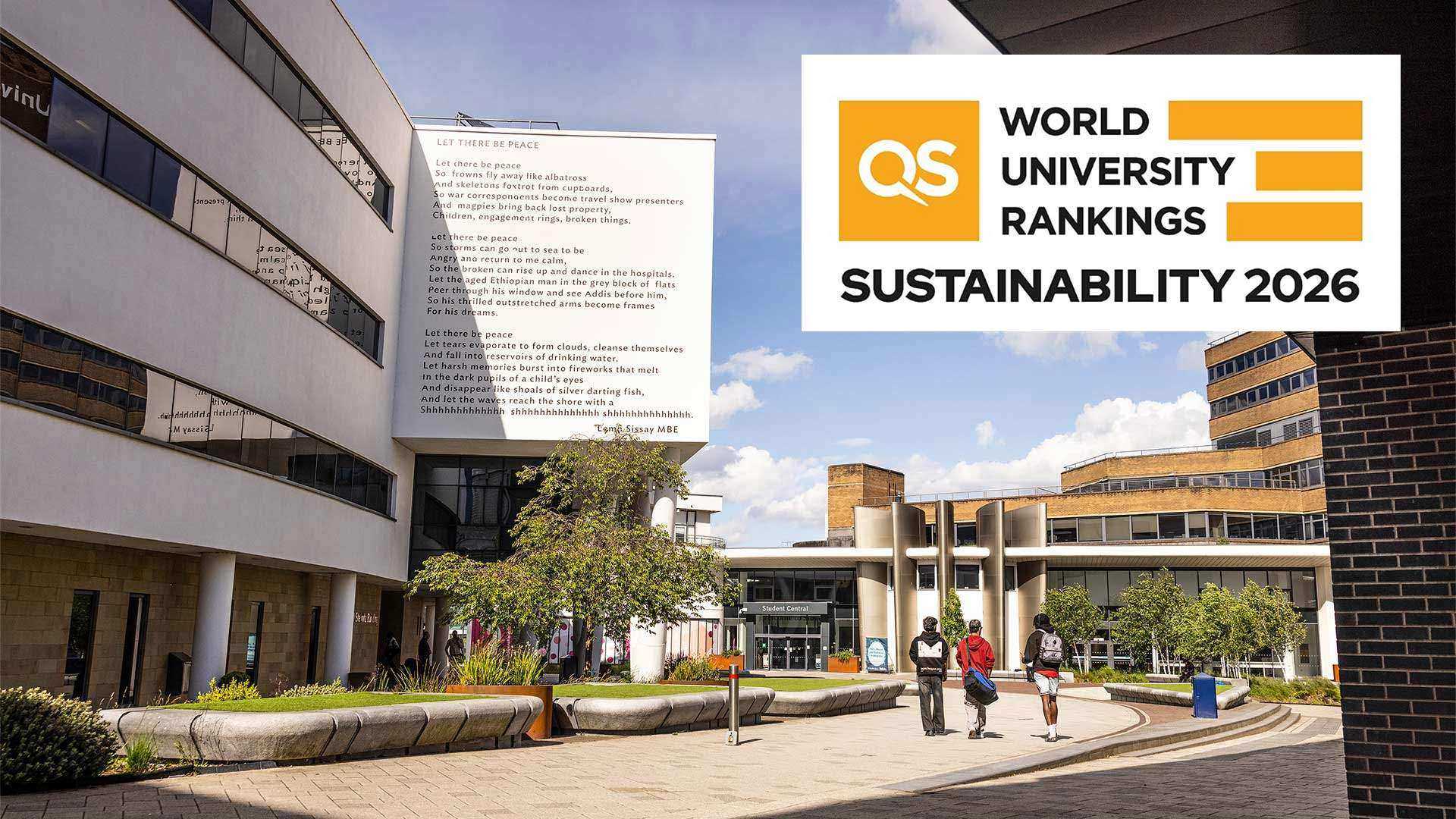 University Square at the University of Huddersfield with inset of QS World Rankings: Sustainability 2026 logo