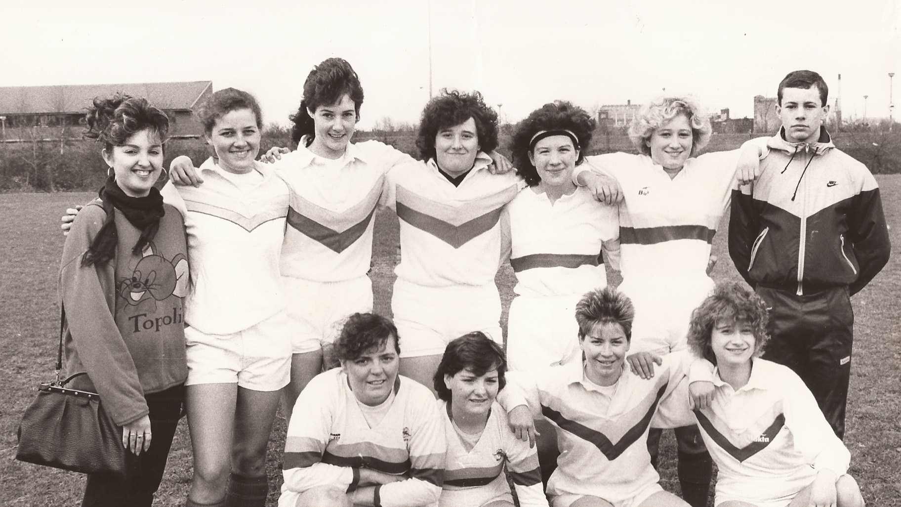 A womens rugby league team in a photo from the 1980s