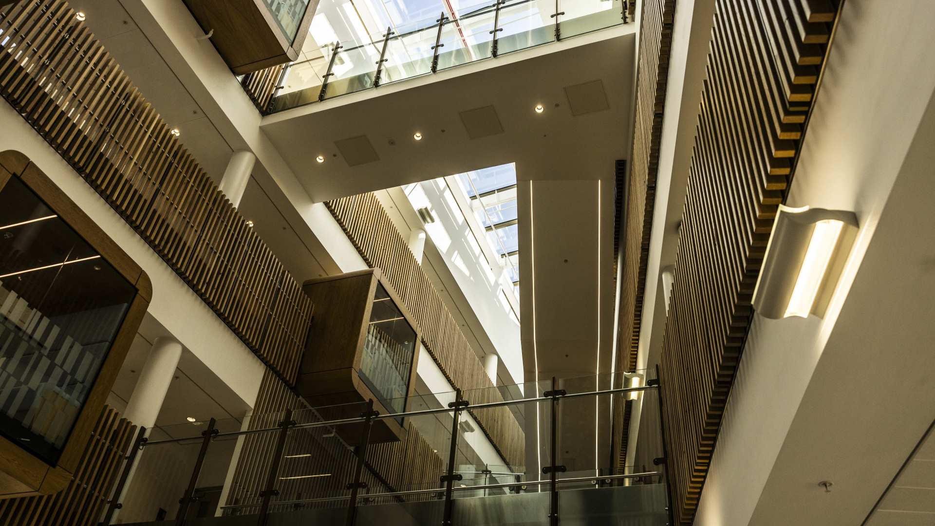 Inside the Daphne Steele Building looking upwards