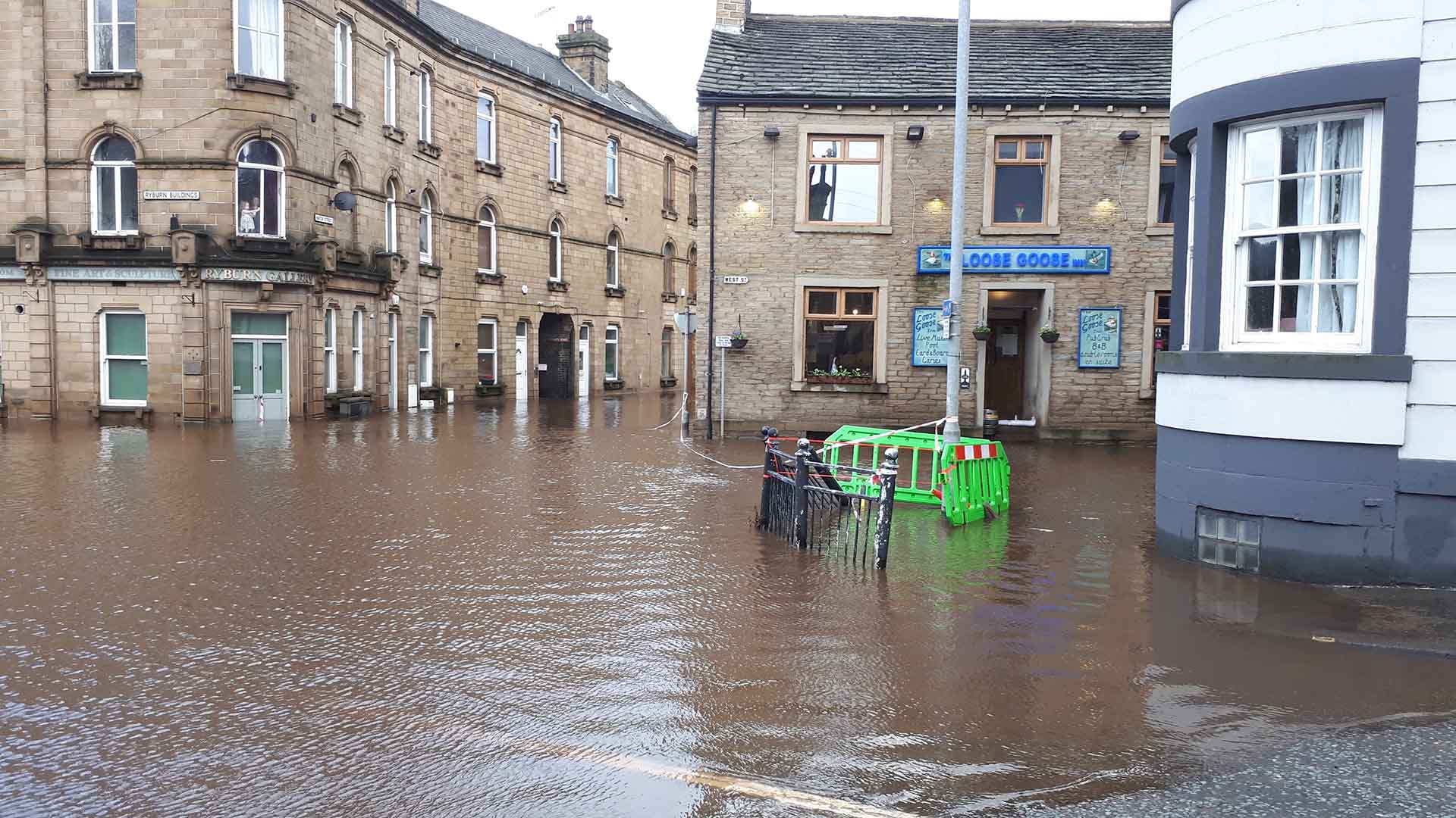 A flooded street in Sowerby Bridge