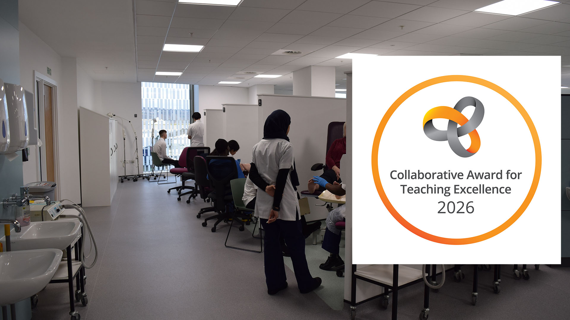 Student podiatrists work on patients with an award logo laid over