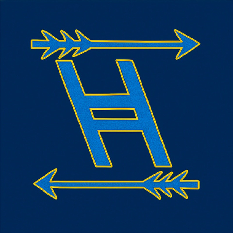 A stylised blue letter H outlined in gold sits on a dark blue background. A gold outlined arrow runs horizontally above the letter pointing to the right, and a matching arrow runs below it pointing to the left.